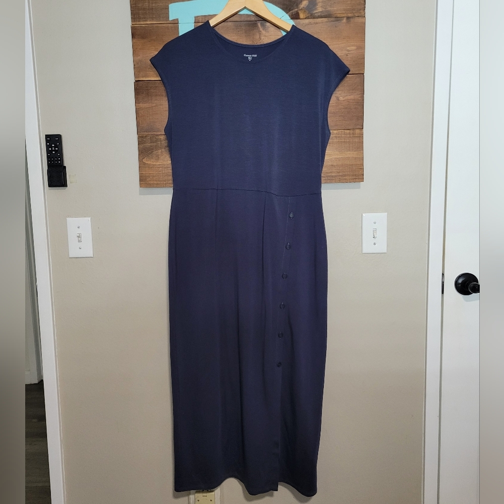 Garnet Hill Classic Navy Cap-Sleeve Knit Column Tencel Blend Midi Dress  Size M